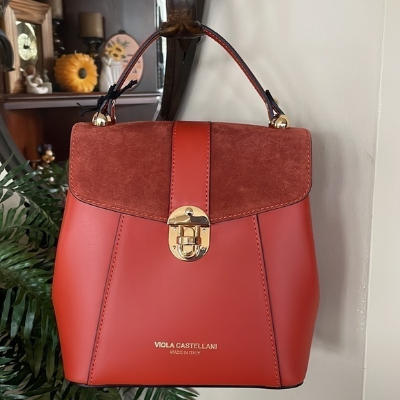 Brand New Viola Castellani Genuine Leather Papaya Orange Backpack Crossbody main image 9